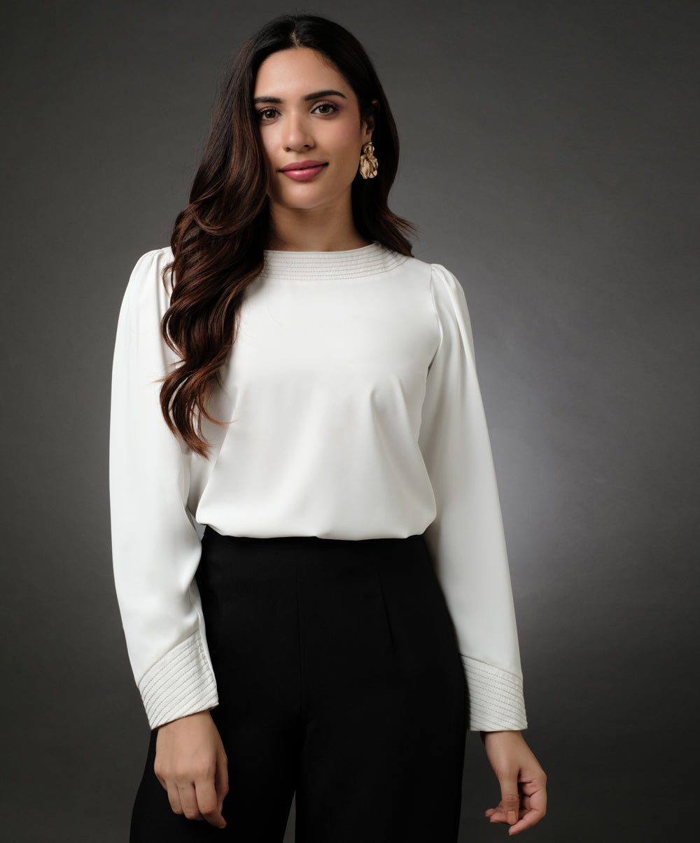 Embroidered Long Sleeve White Top