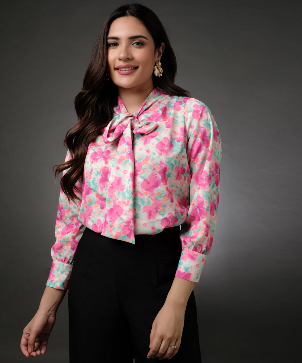 Satin Printed Floral Tie Neck Shirt