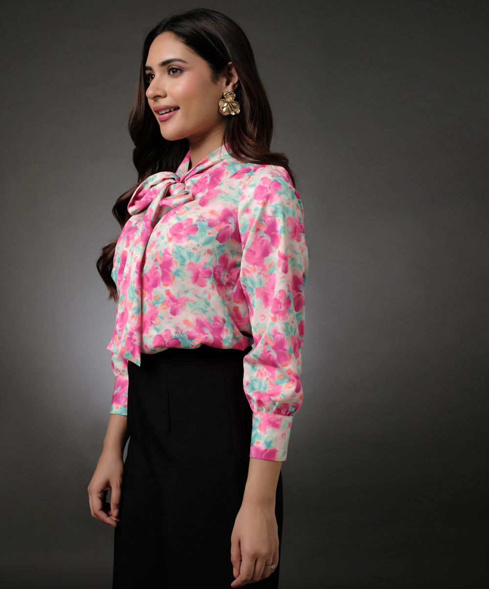 Satin Printed Floral Tie Neck Shirt