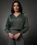 Vneck Shoulder Pleated Green Top