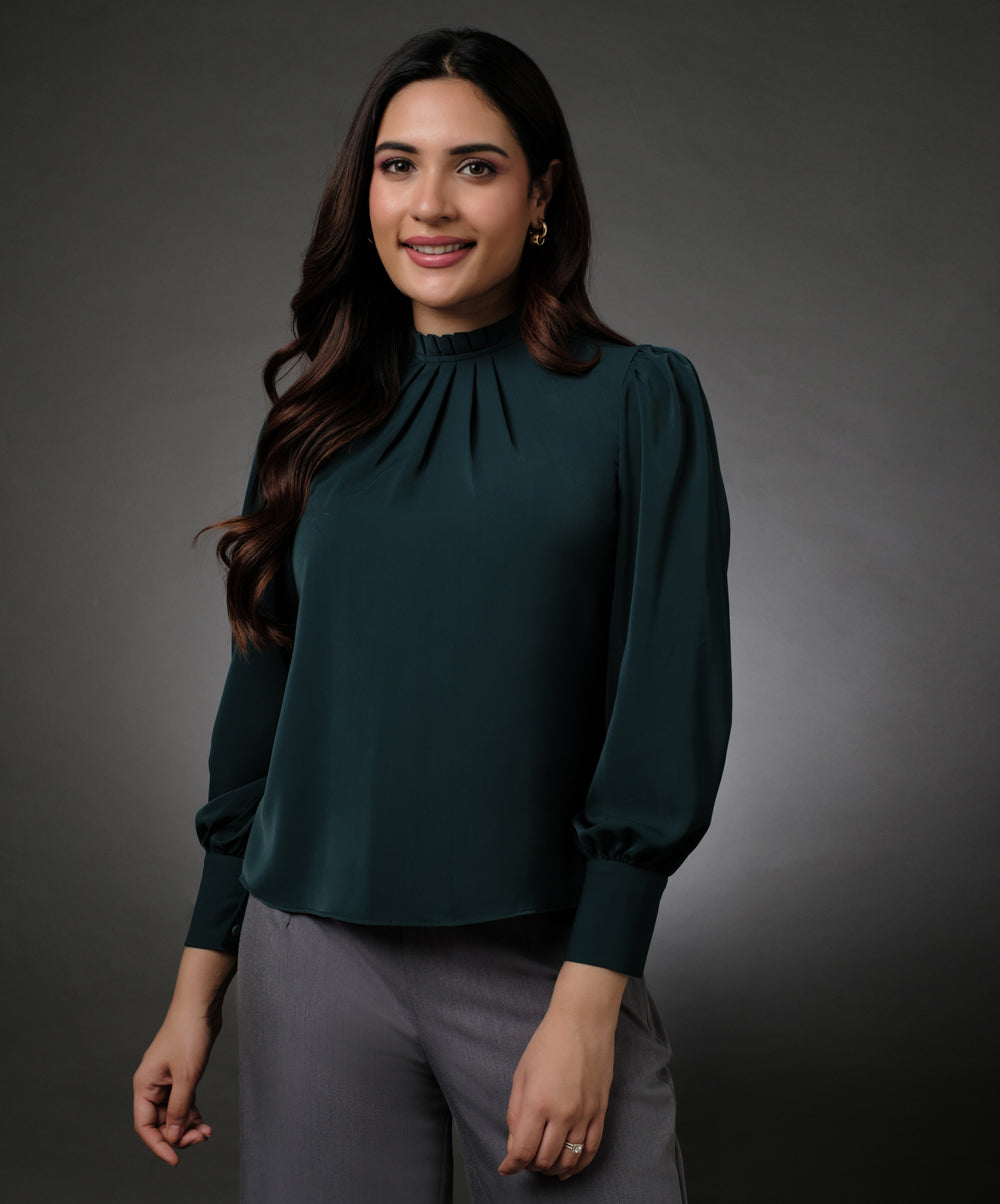 Neck Pleated Green Top With A Sleeve Cuff