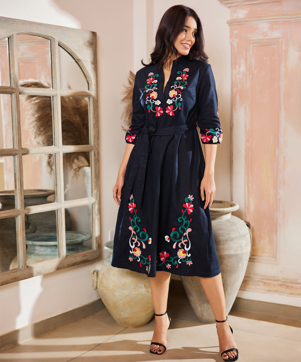 Embroidered Waist Tie Linen Dress