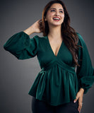 long sleeve vneck green satin top