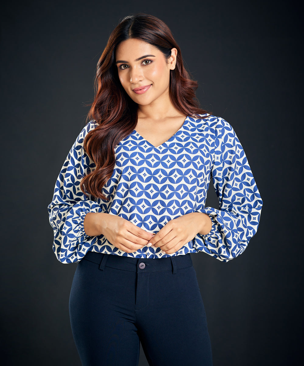 lantern sleeve blue printed blouse