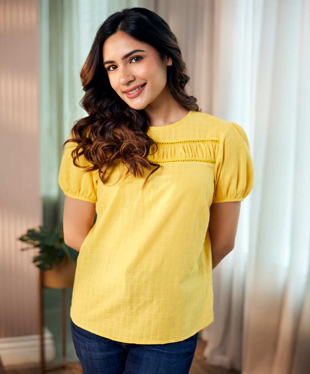 trim detailed cotton yellow top