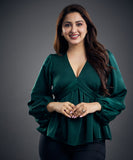 long sleeve vneck green satin top