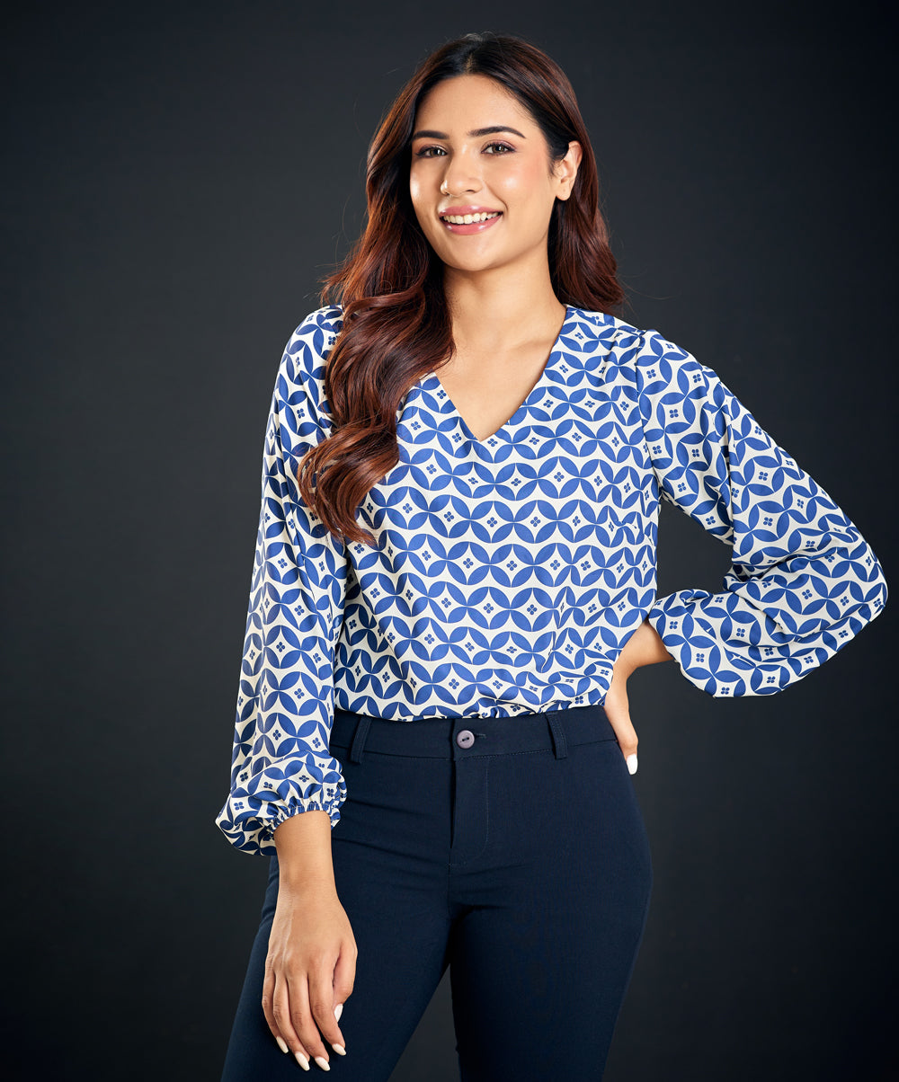 lantern sleeve blue printed blouse