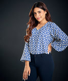 lantern sleeve blue printed blouse