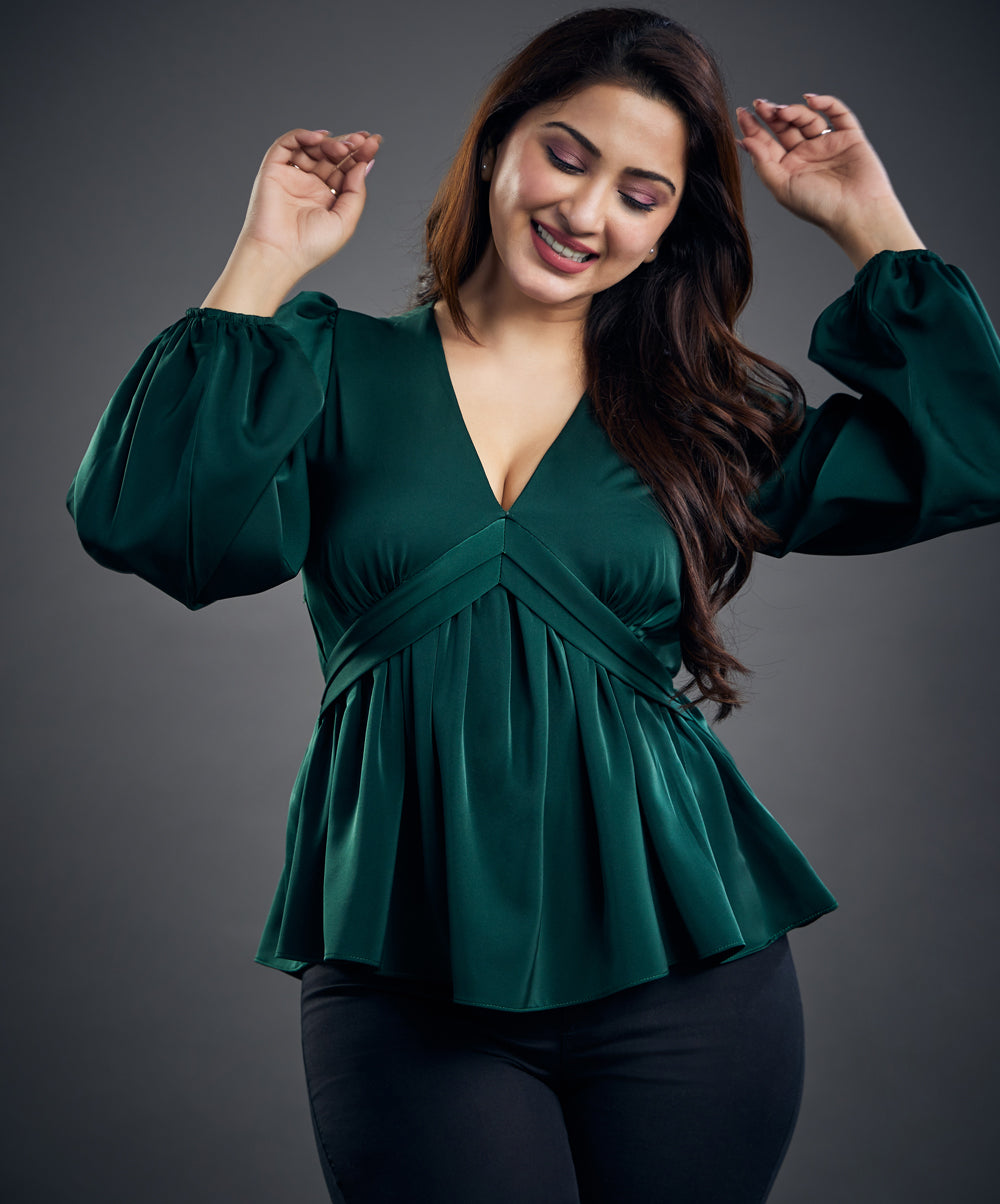 long sleeve vneck green satin top