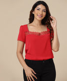 square neck trim detailed red top