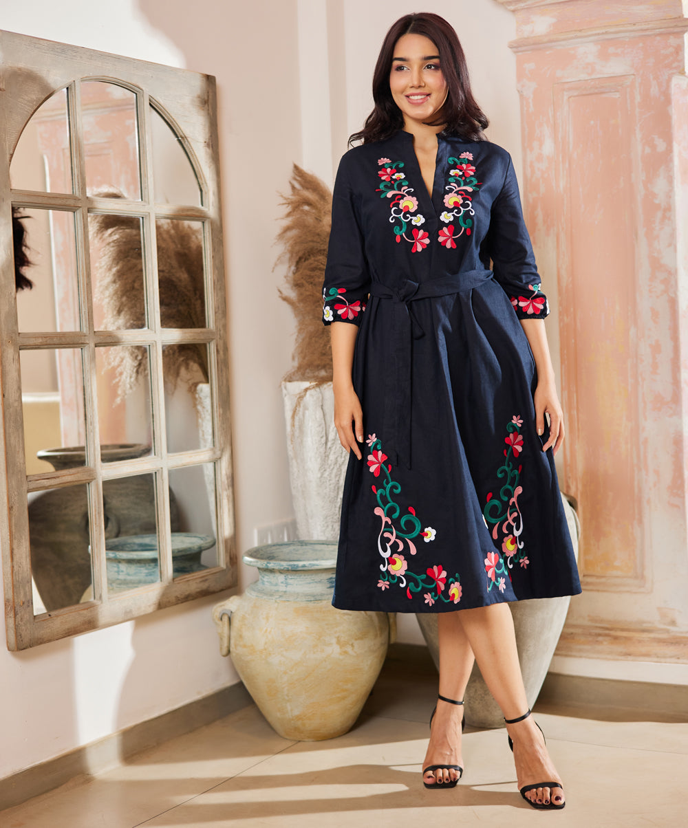 Embroidered Waist Tie Linen Dress