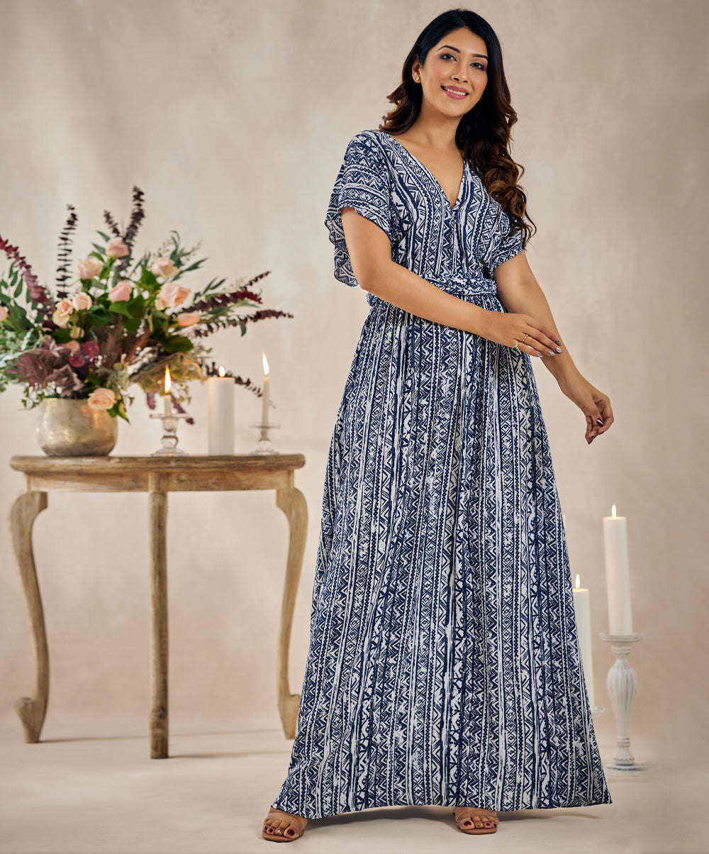 printed cotton braided blue maxi