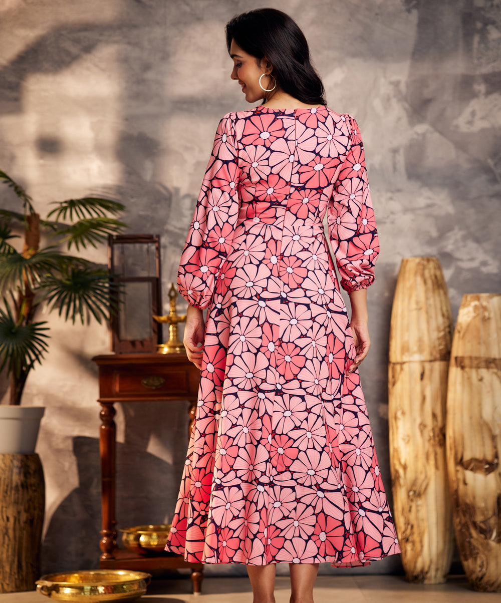 floral print lantern sleeve pink dress