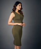 vneck sleeveless bodycon khaki dress