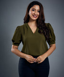 Deep Vneck Chiffon Khaki Top