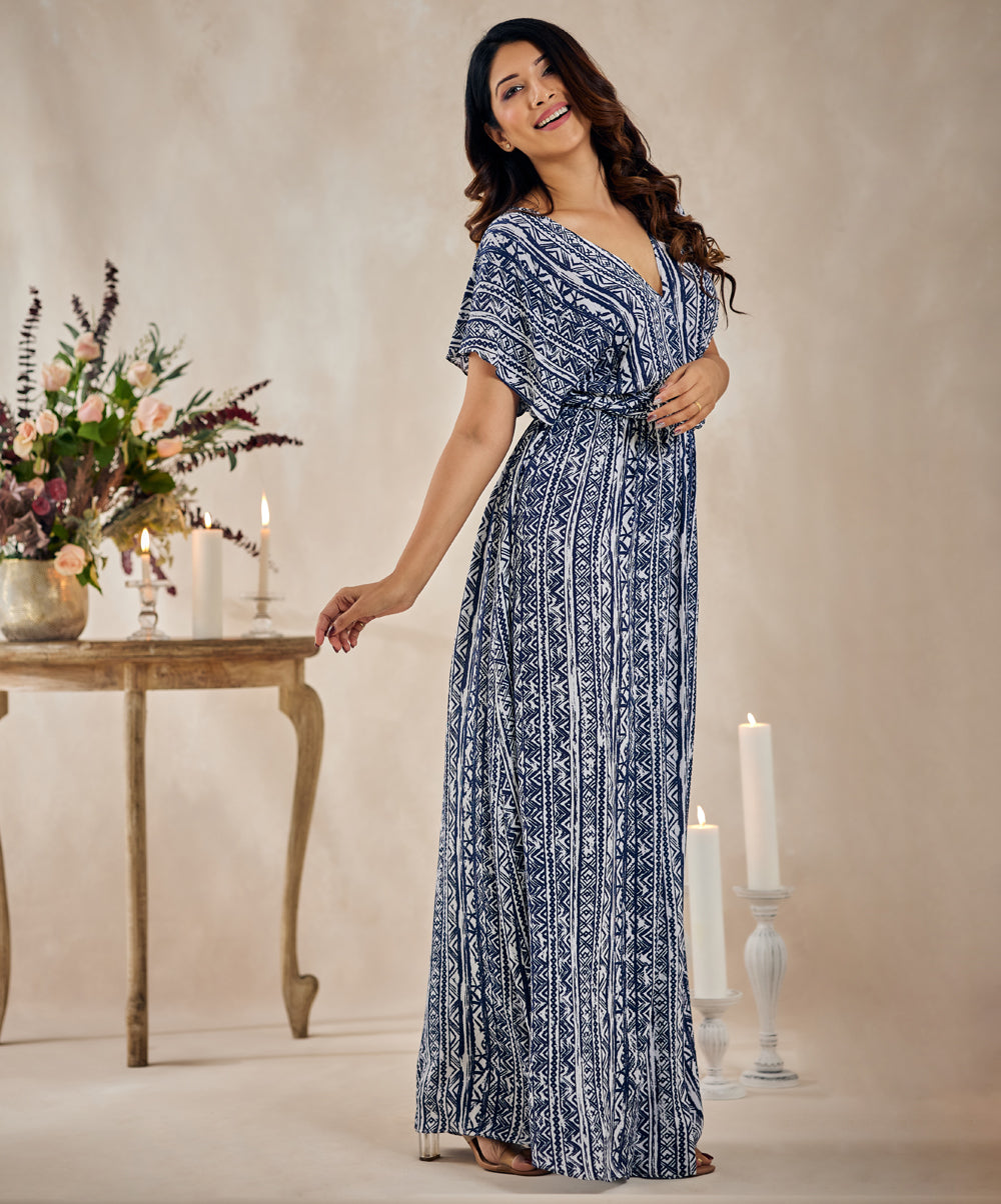 printed cotton braided blue maxi