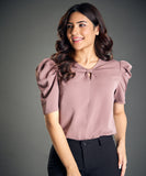 bow notch sleeve detailed brown top