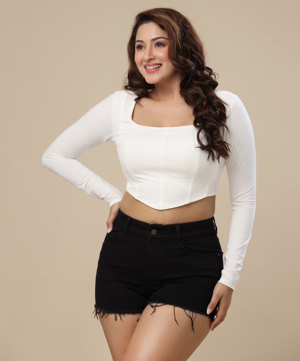 white scoop neck seam front tee