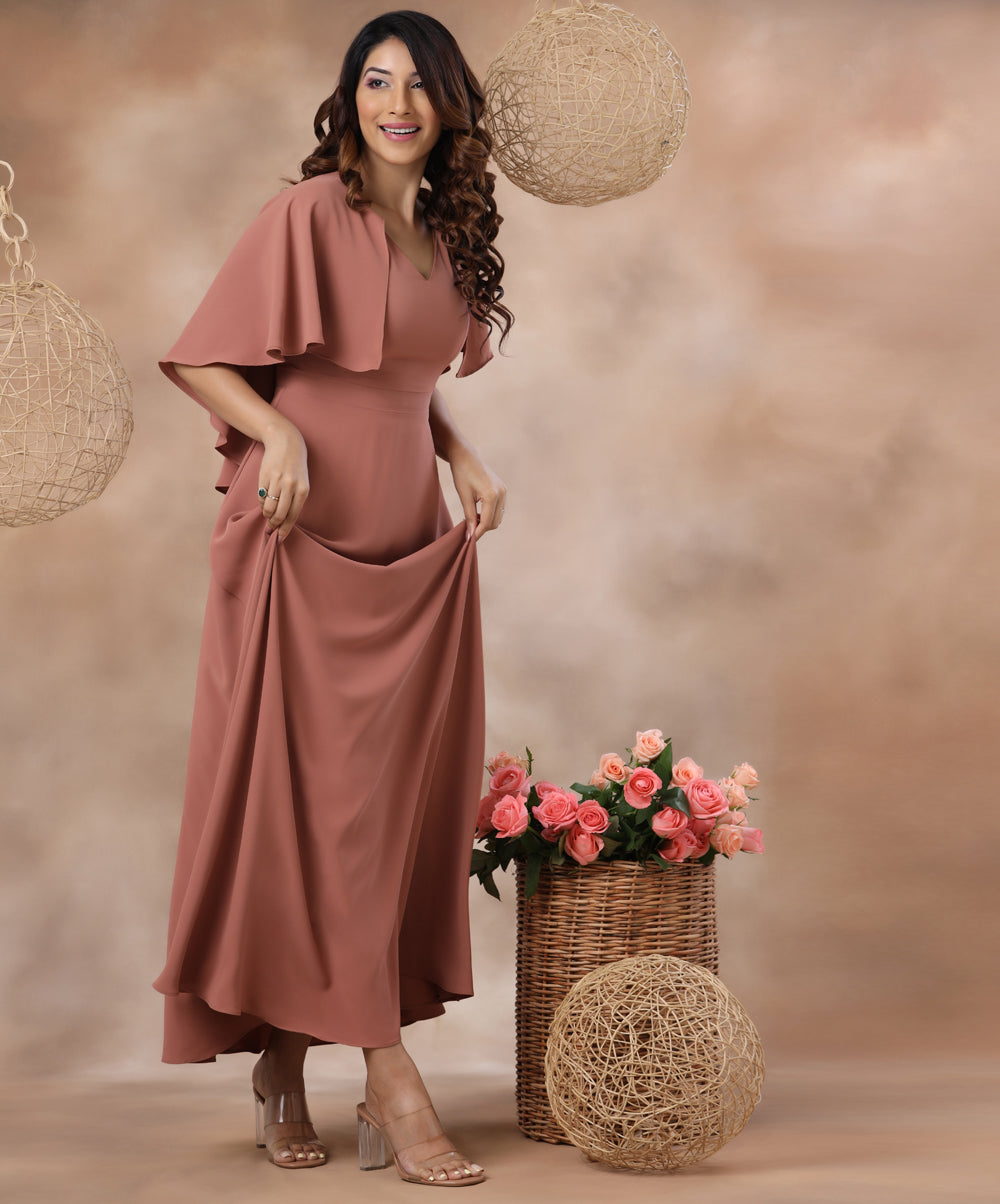 vneck flared cape chiffon maxi