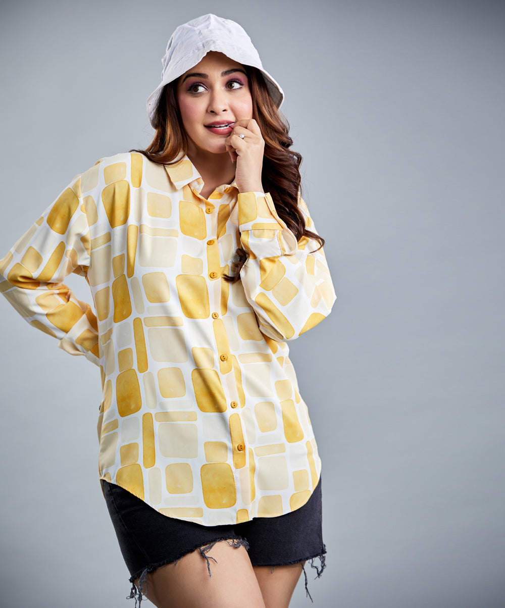 Oversized Chiffon Yellow Printed Shirt