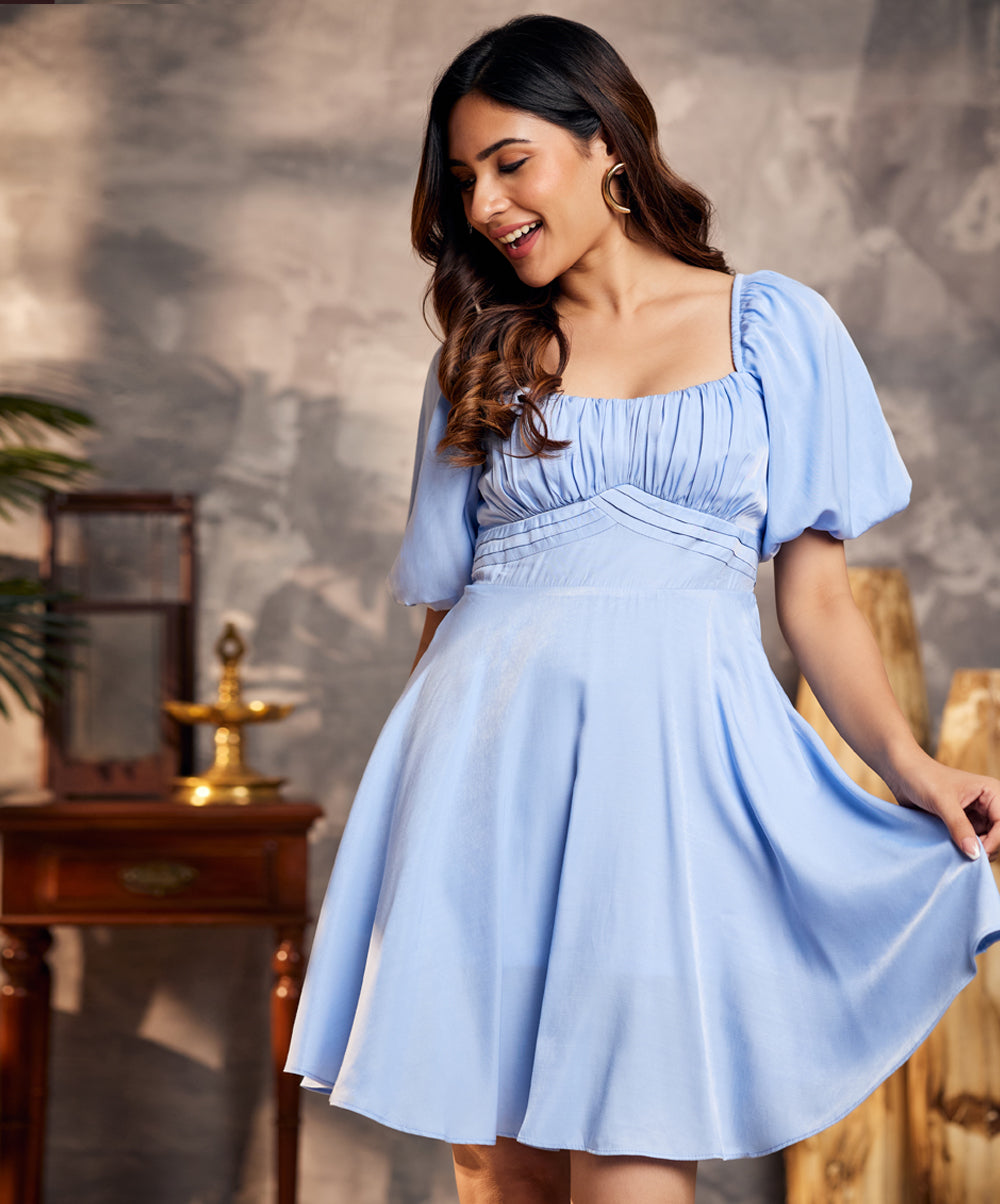 off shoulder tie back blue dress