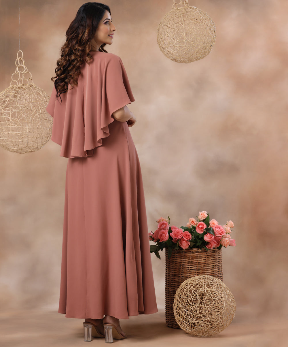 vneck flared cape chiffon maxi