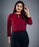 Embroider Chiffon Long Sleeve Maroon Top