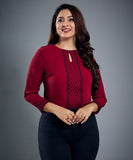 Embroider Chiffon Long Sleeve Maroon Top