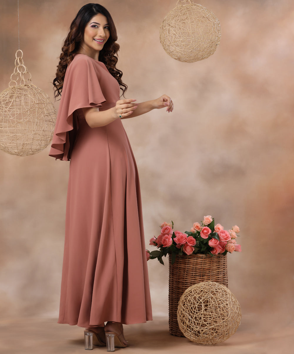 vneck flared cape chiffon maxi
