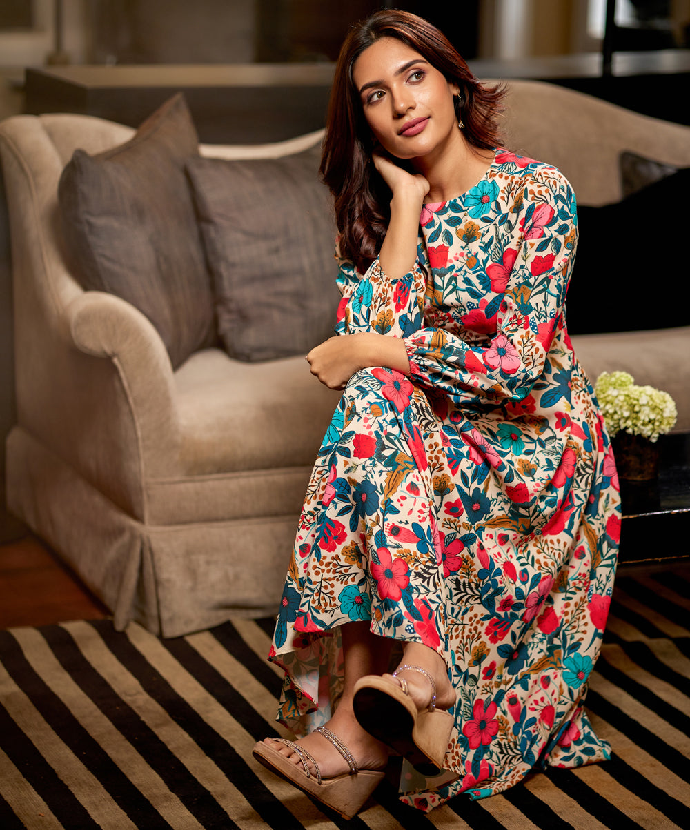 floral printed long sleeve midi dress