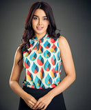 twisted neck sleeveless green printed top