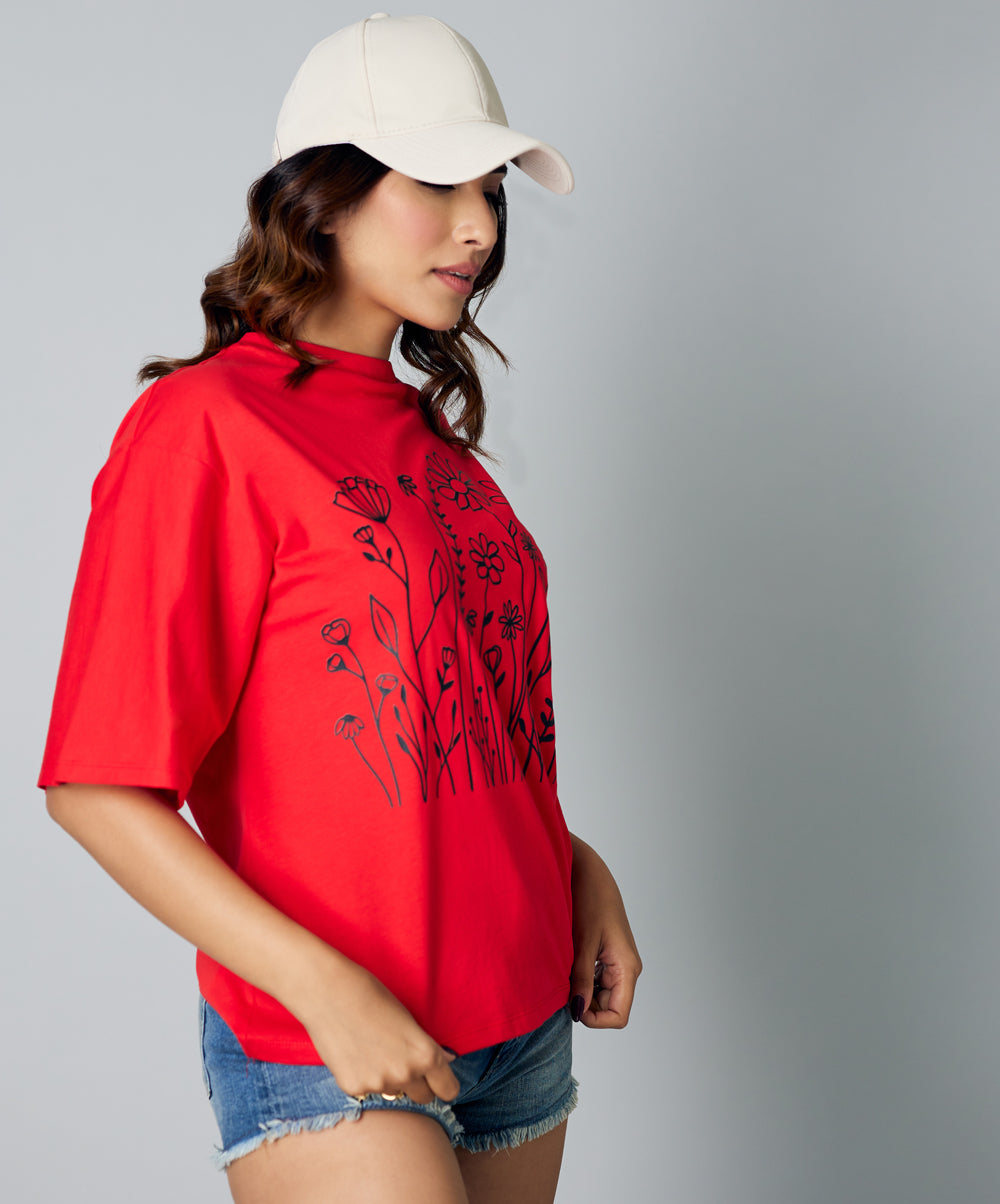 floral print oversize red tshirt