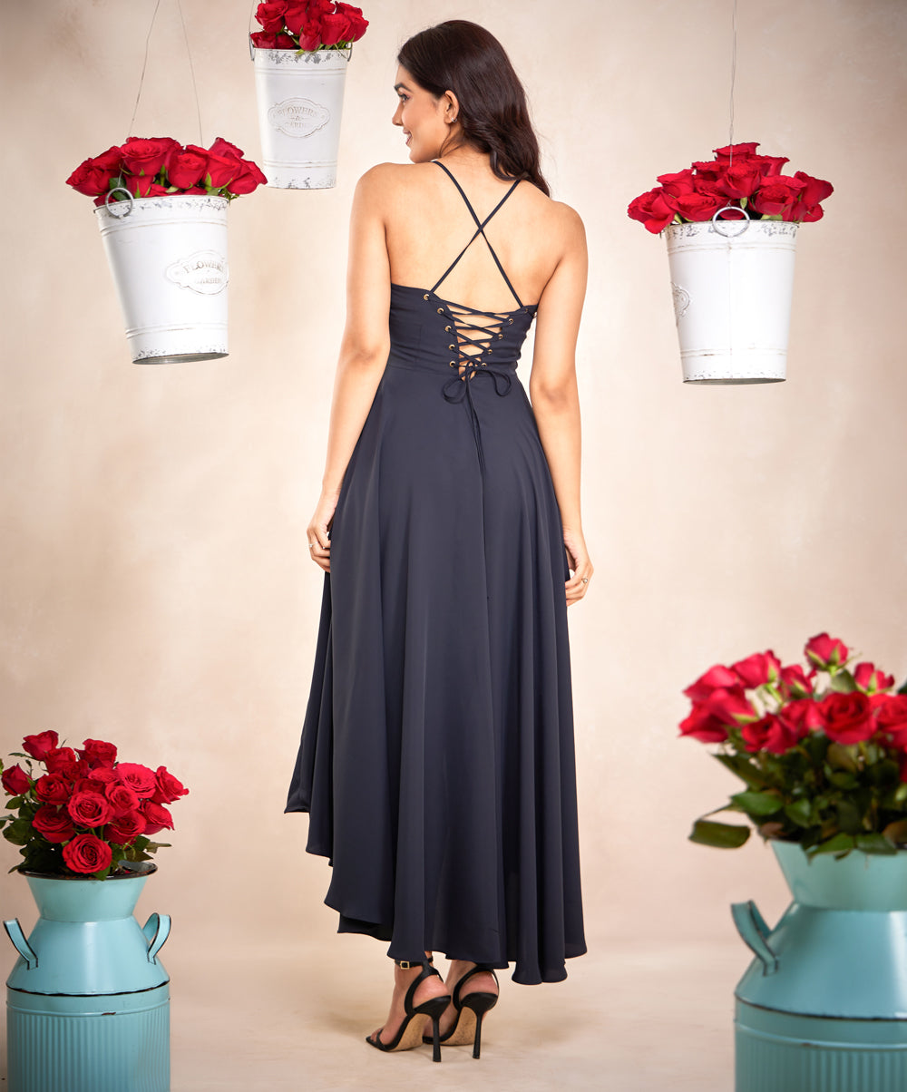 high low elegant blue maxi dress