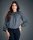 Chiffon Printed Gathered Raglan Blouse