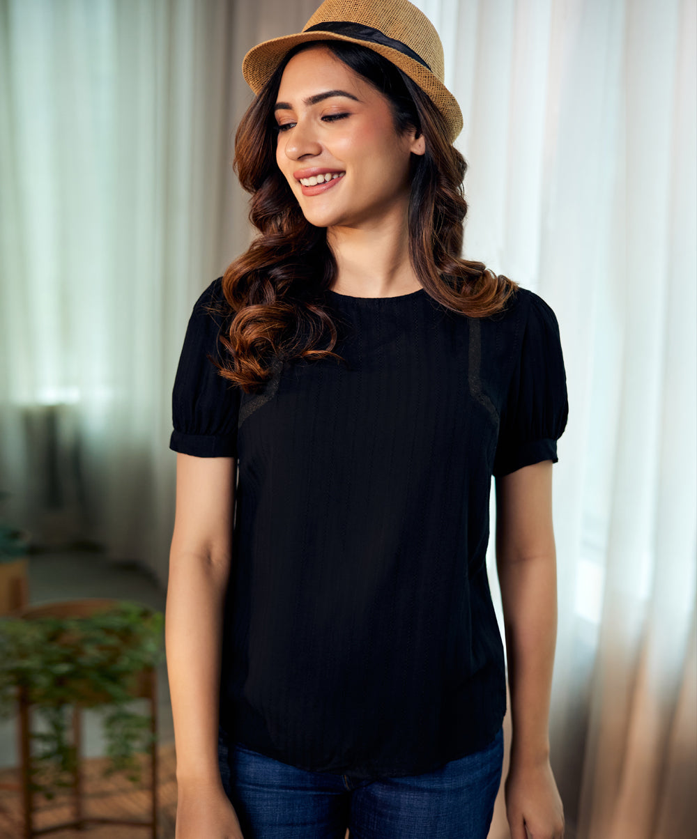 trim attached short sleeve black top