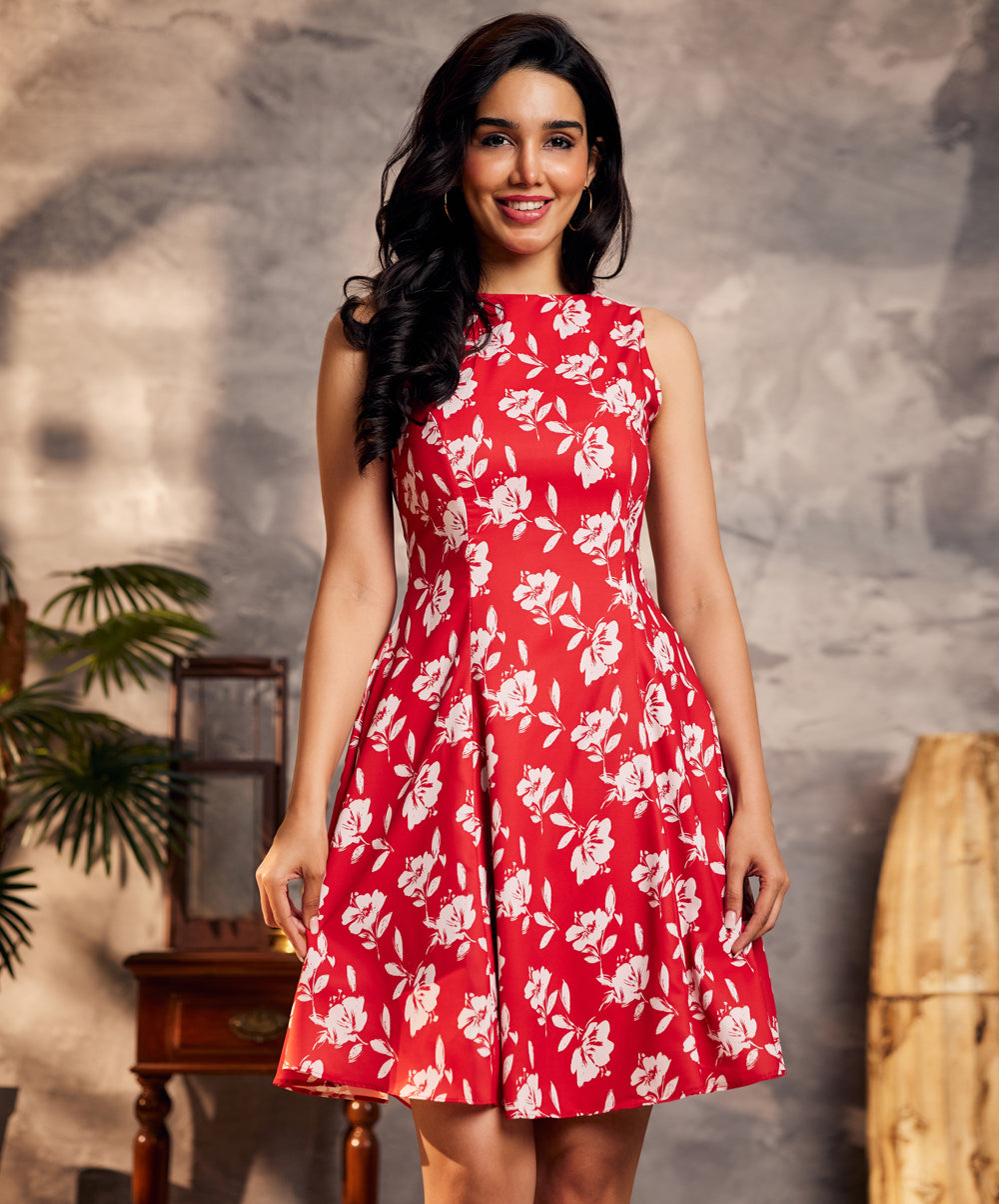 waistless red printed princess line dress