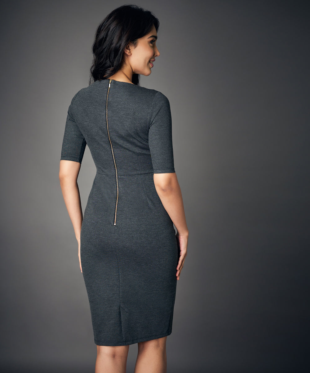 half sleeve panel bodycon grey dress