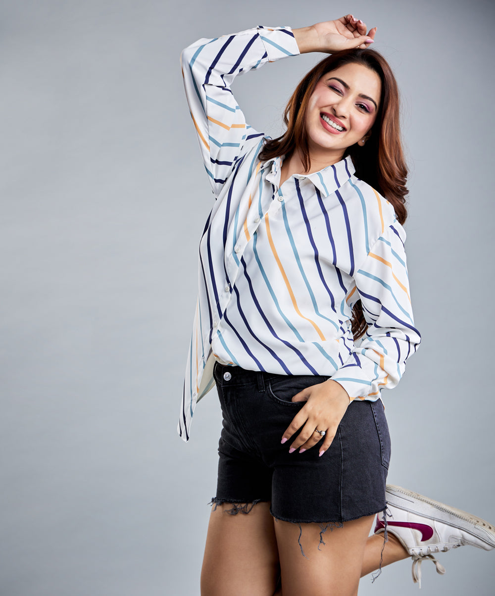 Oversized Chiffon White Stripe Printed Shirt