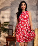 waistless red printed princess line dress