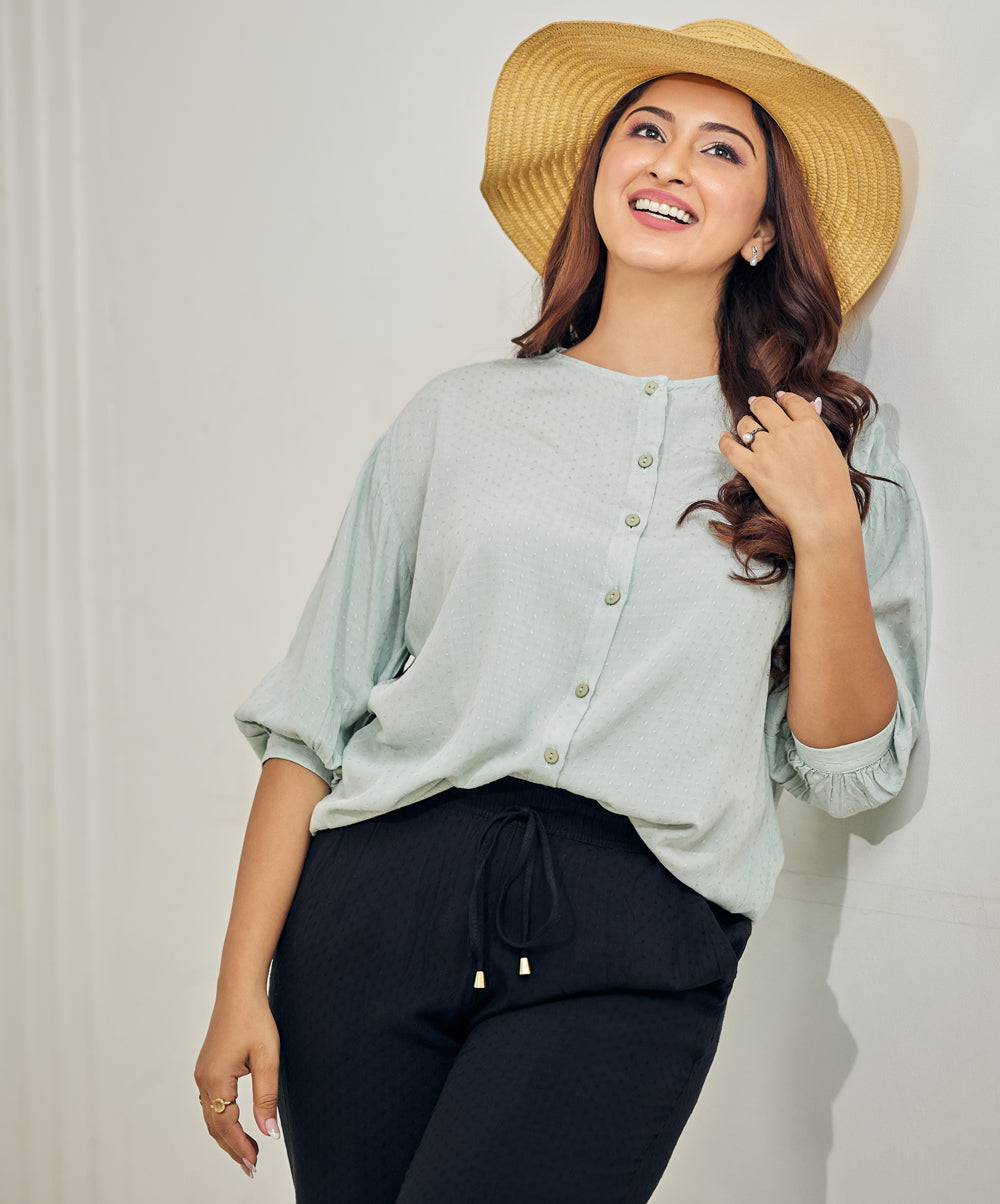 Subtle Puffed Sleeve Mint Cotton Top