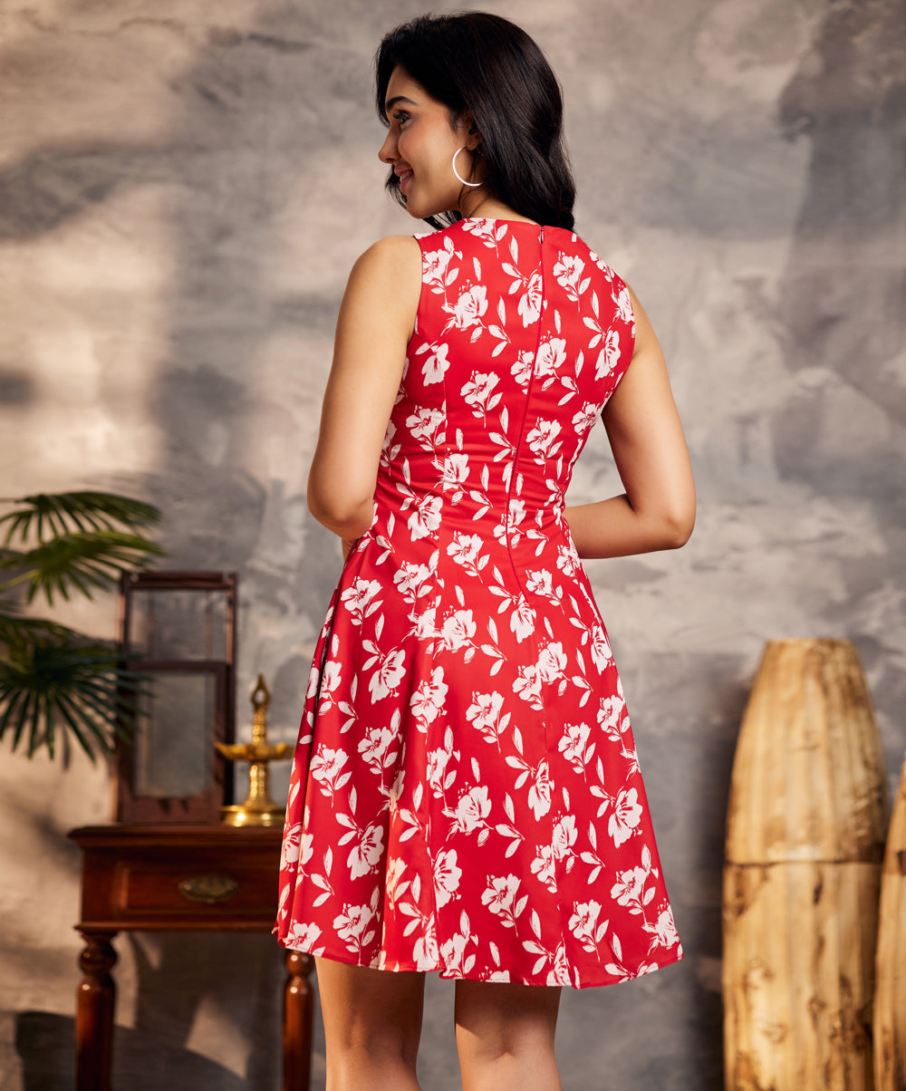 waistless red printed princess line dress