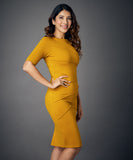 half sleeve panel bodycon mustard dress