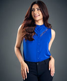 Detailed Trim Chiffon Top With Pintucks