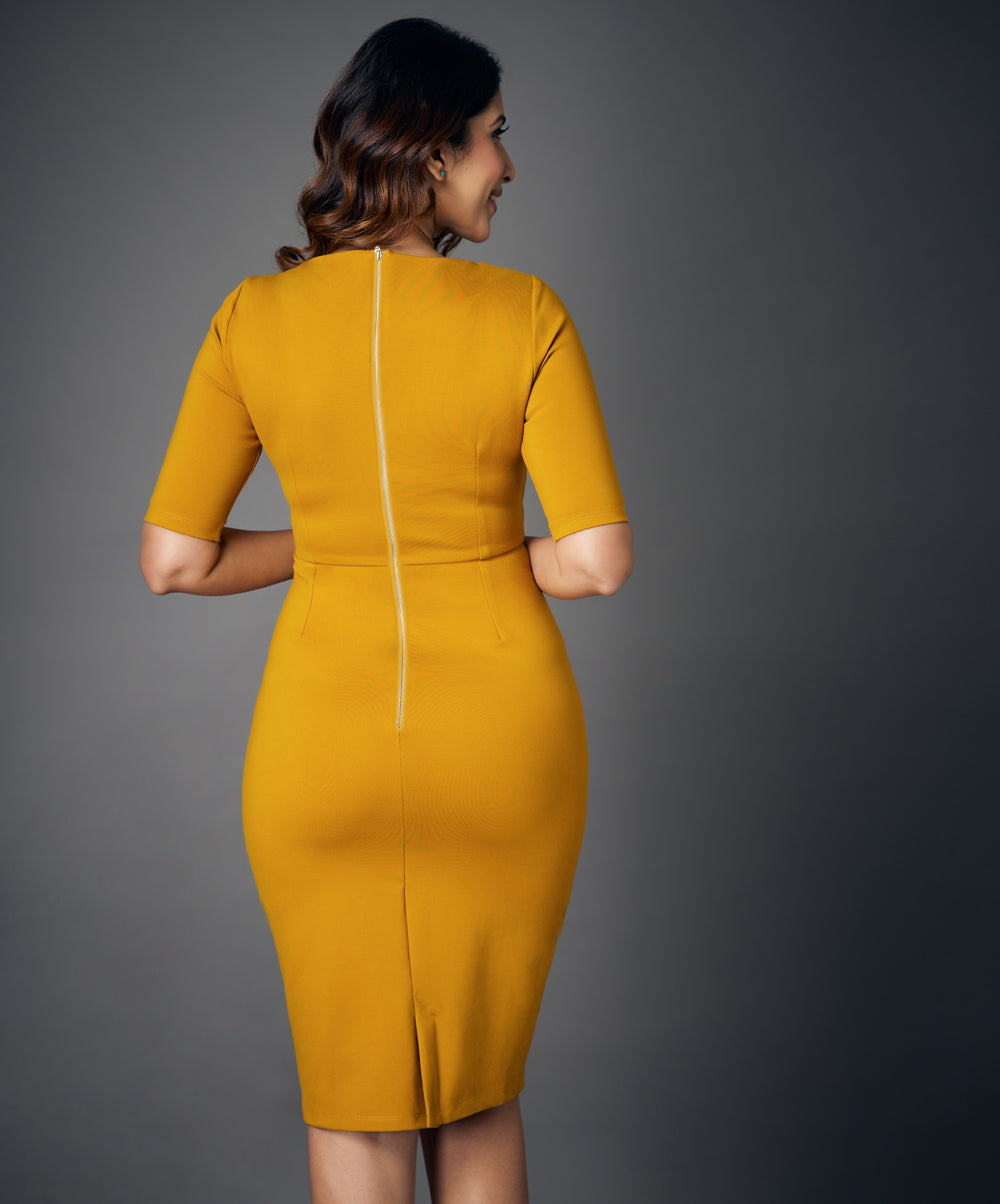 half sleeve panel bodycon mustard dress