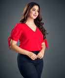 Bow Detailed Vneck Red Chiffon Top