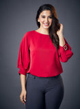 Sleeve Trim Attached Half Sleeve Chiffon Red Top