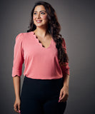 neck scalloped half sleeve top pink