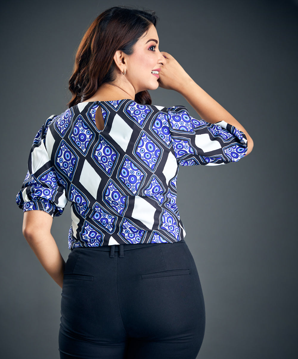 Print Puff Sleeve Blue Blouse