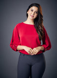 Sleeve Trim Attached Half Sleeve Chiffon Red Top