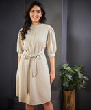 puffed sleeve waist tie linen dress